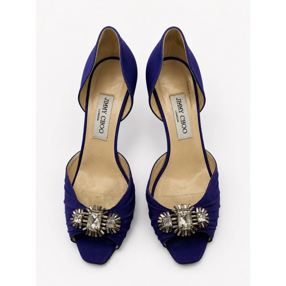Jimmy Choo Peep Toe Heels Women 38.5 Purple Fair Crystal Satin d'Orsay Pumps
